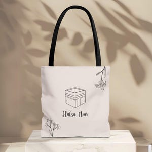 Personalized Islamic Tote Bag with Kaaba, Mekkah, Madinah | Custom Hajj Umrah, Eid Gift for Women | Bag with flowers |Deen Hijabi  accessory