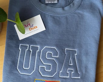 VS geborduurde comfortkleuren, Amerika ronde hals, geborduurd sweatshirt, gepersonaliseerde crew, Varsity-sweater, Amerikaanse vlag, 4 juli
