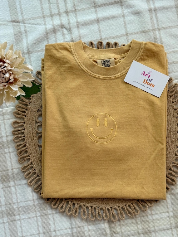 Happy Face Comfort Colors Tee, Smile Shirt, Happy T-Shirt, Embroidered Tee, Embroidered Shirt, Custom Shirt, Retro Happy Face Shirt
