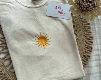 Geborduurde zon-t-shirt, geborduurde zon-t-shirt, geborduurd zomer-T-shirt, geborduurd boho-shirt, trendy shirts voor mannen vrouwen, zomer-T-shirt
