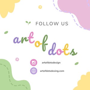 K&ouml;nnte beinhalten: Eine pastellfarbene Grafik mit dem Text &bdquo;FOLLOW US&ldquo; und &bdquo;art of dots&ldquo; in einer verspielten Schriftart. Social-Media-Symbole f&uuml;r Instagram und eine Website sind ebenfalls enthalten, zusammen mit den entsprechenden Benutzernamen und der Website-Adresse.