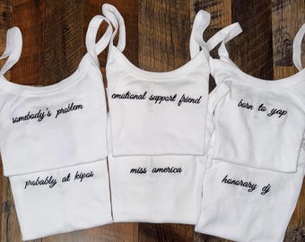 Personalized Embroidered Tank Top, Custom Embroidery Crop top Mrs Bride gift, Bachelorette party idea
