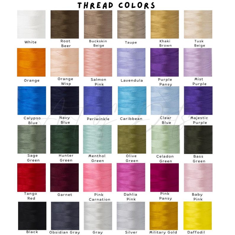 Op de afbeelding: Een kleurenkaart met garenkleuren en de bijbehorende namen. De kleuren zijn gerangschikt in rijen en kolommen. De kleuren omvatten wit, oranje, blauw, groen, rood, zwart, beige, roze, paars, grijs en geel.