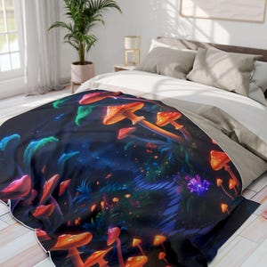 Glowing Mushroom Forest Blanket | Fleece Throw, Fantasy Nightscape