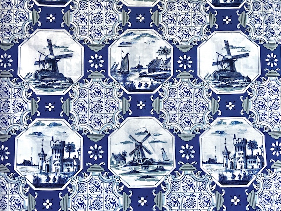 Delft Blue cotton fabric - Dutch print Castles and Windmills - Fat Quarter