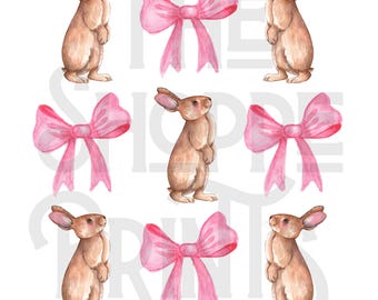 May include: A digital paper pattern featuring six watercolor illustrations of brown bunnies and pink bows. The bunnies are standing upright with their paws together. The bows are tied in a knot with the tails of the bow pointing upwards.