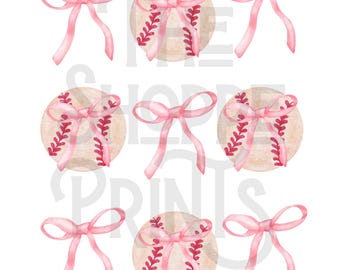 May include: Watercolor illustration featuring nine baseballs with pink bows. The baseballs are tan with red stitching. The bows are a soft pink color. The image is on a white background.