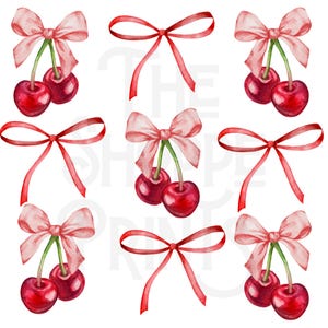 Puede incluir: Ilustración en acuarela con un patrón de cerezas rojas con tallos verdes y lazos rosas. Los lazos están atados con delicadeza y las cerezas son de un rojo intenso y vibrante. El diseño está sobre un fondo blanco.