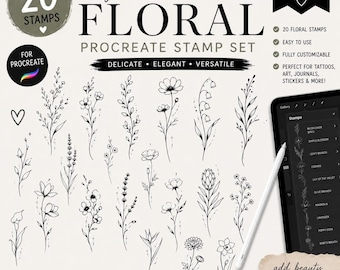 20 Fine Line Floral Procreate Stempelset | Tattoo Stempel Pinseln | Wildblumen Pinsel Set
