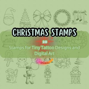Może przedstawiać: Zestaw 20 świątecznych stempli do małych wzorów tatuaży i grafiki cyfrowej. Obraz zawiera ilustracje liniowe elementów świątecznych, w tym Świętego Mikołaja, choinki, kokardy, wieńca, kuli śnieżnej, pingwina, bałwana i piernikowego ludzika.