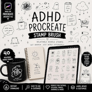 Può includere: Un set di pennelli digitali per Procreate con 40 timbri doodle in bianco e nero. La collezione include illustrazioni di un fantasma, un carrello della spesa, una tazza di caffè, una nuvola e varie frasi come ADHD PROCREATE STAMP BRUSH.
