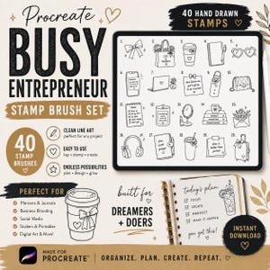 May include: A digital Procreate stamp brush set titled Busy Entrepreneur featuring 40 hand-drawn black and white line art icons including planners, coffee cups, laptops, and stationery items displayed on a tablet screen and a spiral notebook.