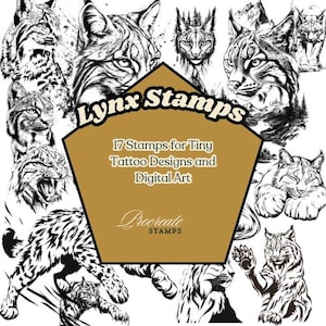 Puede incluir: Una colección de 17 sellos de lince para diseños de tatuajes y arte digital. La imagen presenta varias ilustraciones en blanco y negro de linces en diferentes poses y expresiones, con el texto "Lynx Stamps" y "Procreate Stamps".
