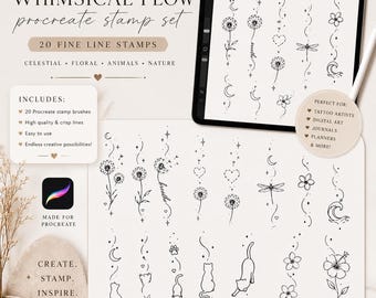 20 verspielte, feine Procreate-Stempelpinsel | Tattoo-Design-Stempel | Digitales Pinselset mit himmlischen Blumen, Katzen und Libellen