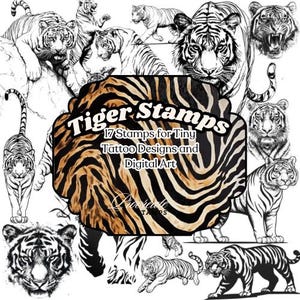 Op de afbeelding: Een verzameling tijgerillustraties in verschillende poses en stijlen, waaronder volledige lichamen, headshots en lopende tijgers. De afbeelding bevat de tekst "Tiger Stamps" en "17 Stamps for Tiny Tattoo Designs and Digital Art."