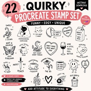 May include: A digital set of 22 black and white Procreate stamps featuring various illustrations and text including a scorpion, cat, butterfly, ghost, snake, heart, wine glass, dagger, coffee cup, flower, smiley face, and mirror with quirky phrases.