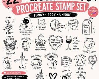 22 Quirky Procreate Stempel | Lustige Tattoo Elemente | Edgy Doodle Pinsel Set | Digitaler Download