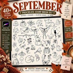 May include: A digital Procreate stamp brush set titled SEPTEMBER featuring over 40 black and white line art designs including pumpkins, moths, a deer, ghosts, flowers, a cat on a crescent moon, a cowboy hat, and various autumn-themed icons.