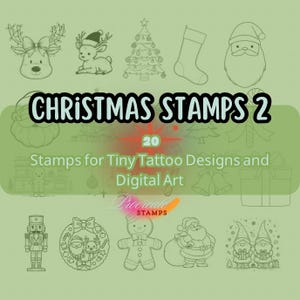 Może przedstawiać: Kolekcja 20 świątecznych stempli do małych wzorów tatuaży i grafiki cyfrowej. Obraz zawiera ilustracje postaci i przedmiotów świątecznych, z tekstem "CHRISTMAS STAMPS 2".