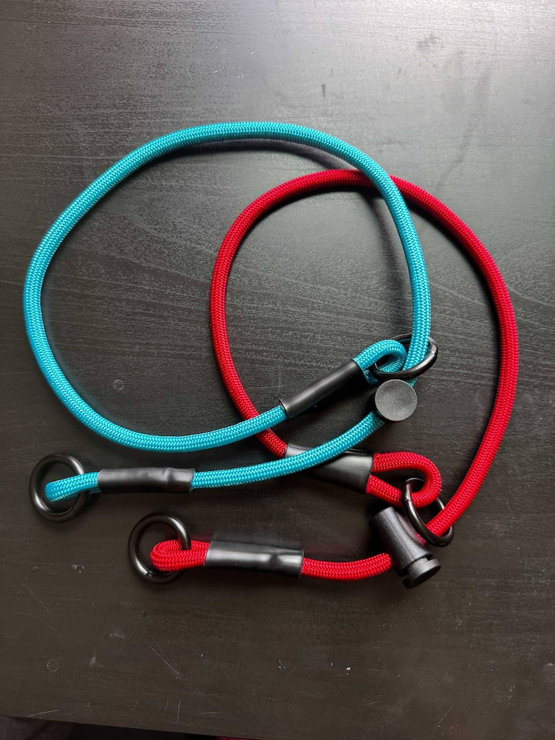 May include: Two braided rope leads, one turquoise and one red, each featuring black metal rings at the ends and black plastic sliding adjusters. The ropes are constructed with a woven texture and secured with black heat-shrink tubing at the connection points.