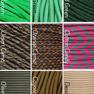 May include: A grid of nine samples of paracord in various colors and patterns. The labels read Neon Green, Mint Green, Emerald Green, Desert Camo, Orange Camo, Cotton Candy, Olive Drab, Coyote Brown, and Desert Tan, each identifying the cord.