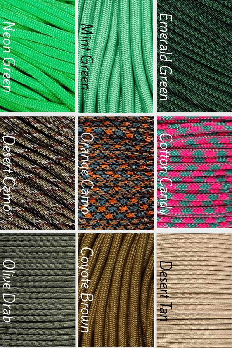 May include: A grid of nine samples of paracord in various colors and patterns. The labels read Neon Green, Mint Green, Emerald Green, Desert Camo, Orange Camo, Cotton Candy, Olive Drab, Coyote Brown, and Desert Tan, each identifying the cord.