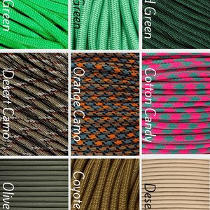 May include: A grid of nine sections displaying various colours and patterns of paracord. The labels include Neon Green, Mint Green, Emerald Green, Desert Camo, Orange Camo, Cotton Candy, Olive Drab, Coyote Brown, and Desert Tan.
