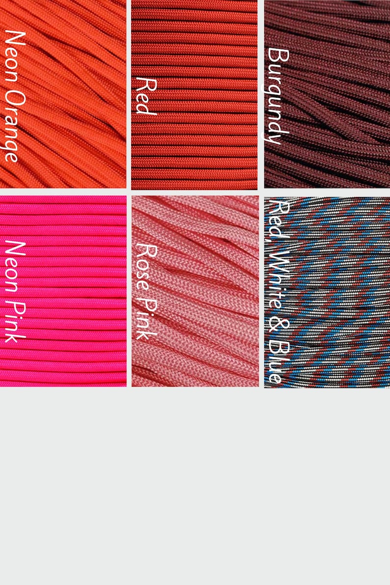 Pode incluir: Uma grade de seis se&ccedil;&otilde;es mostrando v&aacute;rias cores de paracord. As cores est&atilde;o rotuladas como Neon Orange, Red, Burgundy, Neon Pink, Rose Pink e Red, White & Blue. Cada se&ccedil;&atilde;o exibe a superf&iacute;cie tecida e texturizada do material do cord&atilde;o.