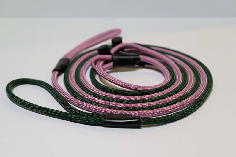 Pode incluir: Uma trela de corda bicolor com um cord&atilde;o entran&ccedil;ado verde-escuro e um cord&atilde;o entran&ccedil;ado roxo-claro. A trela inclui conectores de pl&aacute;stico preto e duas argolas integradas nas extremidades, enrolada numa forma circular sobre um fundo branco.