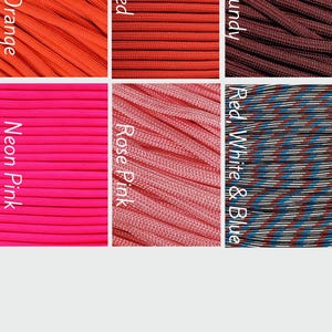 May include: A grid of six sections showing various colors of paracord. The colors are labeled as Neon Orange, Red, Burgundy, Neon Pink, Rose Pink, and Red, White & Blue. Each section displays the textured, woven surface of the cord material.