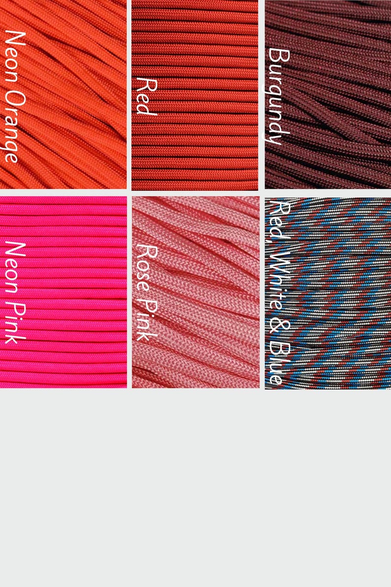 May include: A grid of six sections showing various colors of paracord. The colors are labeled as Neon Orange, Red, Burgundy, Neon Pink, Rose Pink, and Red, White & Blue. Each section displays the textured, woven surface of the cord material.