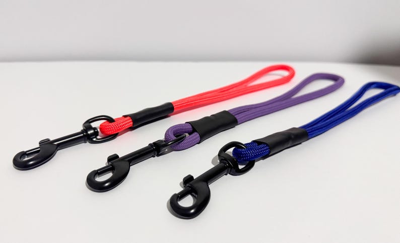 Peut inclure: Trois laisses courtes en corde tress&eacute;e de couleur rouge vif, violette et bleue. Chaque laisse comporte un mousqueton pivotant en m&eacute;tal noir &agrave; une extr&eacute;mit&eacute; et une poign&eacute;e en boucle &agrave; l'autre, fix&eacute;e par un manchon thermor&eacute;tractable noir.