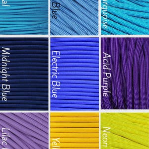 May include: A grid of nine colored cord samples labeled Teal, Baby Blue, Neon Turquoise, Midnight Blue, Electric Blue, Acid Purple, Lilac Purple, Yellow, and Neon Yellow. Each section displays a close-up of the woven texture of the cord.