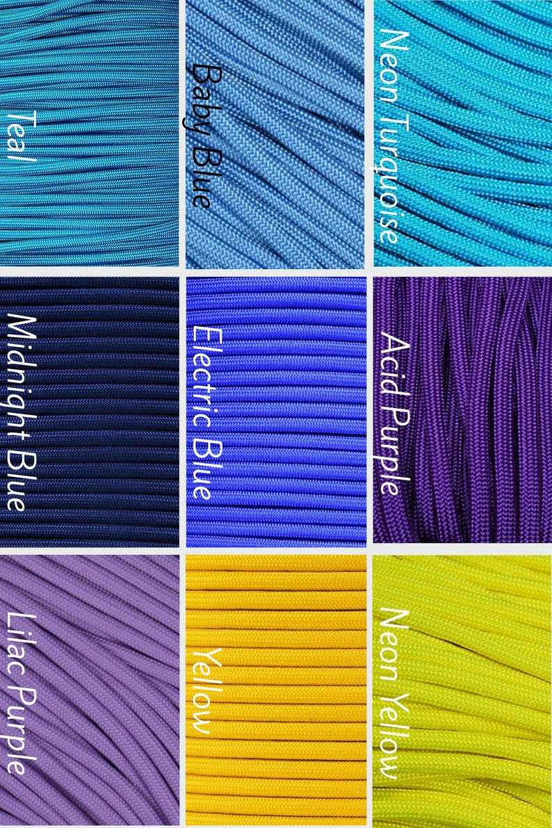 May include: A grid of nine colored cord samples labeled Teal, Baby Blue, Neon Turquoise, Midnight Blue, Electric Blue, Acid Purple, Lilac Purple, Yellow, and Neon Yellow. Each section displays a close-up of the woven texture of the cord.