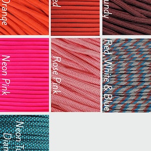 May include: A collection of seven paracord strands in various colours and patterns, labelled as Neon Orange, Red, Burgundy, Neon Pink, Rose Pink, Red, White & Blue, and Neon Turquoise Diamond, arranged in a grid of rectangular sections.