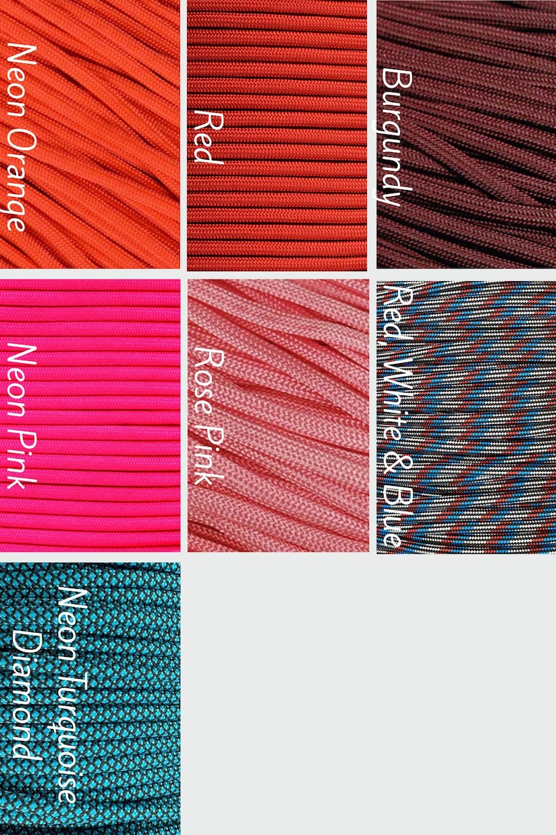 May include: A collection of seven paracord strands in various colours and patterns, labelled as Neon Orange, Red, Burgundy, Neon Pink, Rose Pink, Red, White & Blue, and Neon Turquoise Diamond, arranged in a grid of rectangular sections.