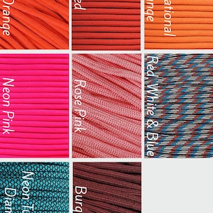 K&ouml;nnte beinhalten: Ein Raster aus acht Paracord-Mustern in verschiedenen Farben und Designs, beschriftet mit Neon Orange, Red, International Orange, Neon Pink, Rose Pink, Red White & Blue, Neon Turquoise Diamond und Burgundy, mit sichtbarer Textur.