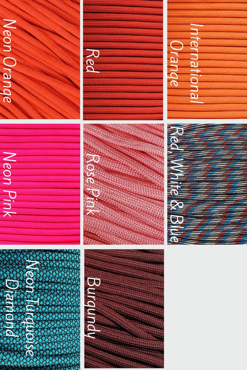 K&ouml;nnte beinhalten: Ein Raster aus acht Paracord-Mustern in verschiedenen Farben und Designs, beschriftet mit Neon Orange, Red, International Orange, Neon Pink, Rose Pink, Red White & Blue, Neon Turquoise Diamond und Burgundy, mit sichtbarer Textur.