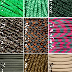 Pode incluir: Uma grade de nove amostras de paracord em v&aacute;rias cores e padr&otilde;es. Os r&oacute;tulos dizem Neon Green, Mint Green, Emerald Green, Desert Camo, Orange Camo, Cotton Candy, Olive Drab, Coyote Brown e Desert Tan, identificando cada corda.