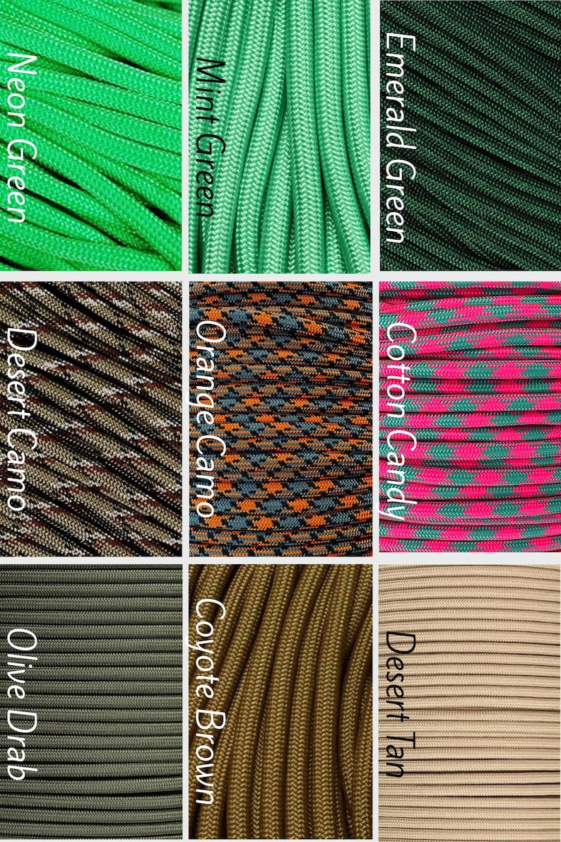 Pode incluir: Uma grade de nove amostras de paracord em v&aacute;rias cores e padr&otilde;es. Os r&oacute;tulos dizem Neon Green, Mint Green, Emerald Green, Desert Camo, Orange Camo, Cotton Candy, Olive Drab, Coyote Brown e Desert Tan, identificando cada corda.