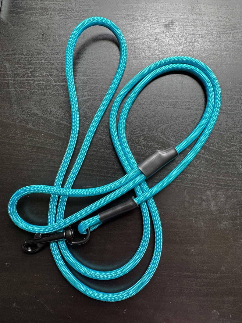 May include: A bright turquoise rope dog leash featuring a braided texture, black heat-shrink tubing accents, and a black metal swivel snap hook at the end. The leash is coiled in a loose loop, showcasing the vibrant blue cord and dark hardware.