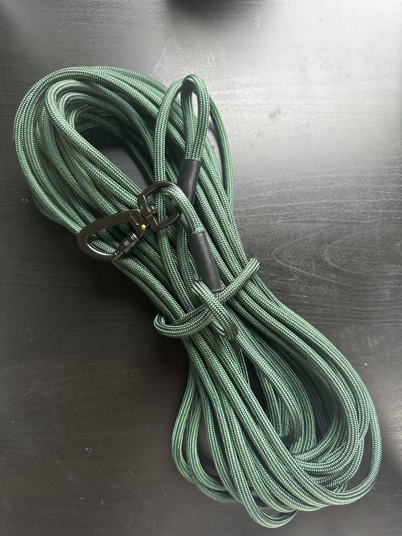 May include: A coiled forest green rope featuring a textured, braided surface. The rope includes a black metal swivel snap hook attached to one end and a black plastic sleeve covering the connection point, creating a secure and durable utility lead.