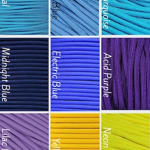 Pode incluir: Uma grade de nove amostras de cord&atilde;o rotuladas como Teal, Baby Blue, Neon Turquoise, Midnight Blue, Electric Blue, Acid Purple, Lilac Purple, Yellow e Neon Yellow. Cada se&ccedil;&atilde;o exibe um close-up da textura tecida do cord&atilde;o.