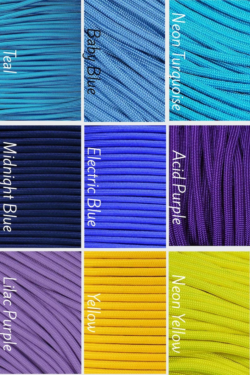 Pode incluir: Uma grade de nove amostras de cord&atilde;o rotuladas como Teal, Baby Blue, Neon Turquoise, Midnight Blue, Electric Blue, Acid Purple, Lilac Purple, Yellow e Neon Yellow. Cada se&ccedil;&atilde;o exibe um close-up da textura tecida do cord&atilde;o.