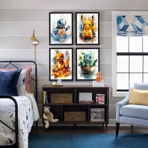 Pokemon-Inspired Watercolor Prints | Set of 4 Pikachu Charmander Bulbasaur Squirtle | Instant Digital Download for Nursery Kids’ Room