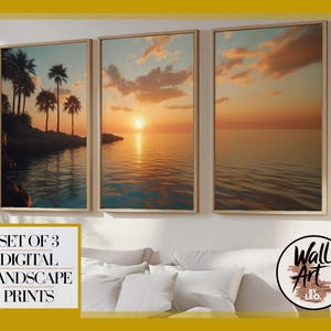 Set of 3 Tropical Sunset Palms | Modern Coastal Print | Instant Digital Download for Warm Beach Decor | Vibrant Artwork, Elevate Interiors!