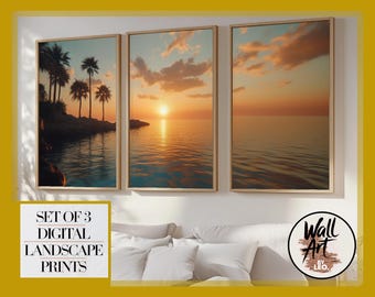 Juego de 3 palmeras al atardecer tropical / Impresión costera moderna / Descarga digital instantánea para una cálida decoración de playa / Obra de arte vibrante que realza los interiores.