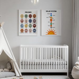 Puede incluir: Dos carteles enmarcados blancos con ilustraciones coloridas. El cartel de la izquierda tiene la palabra "Feelings" en la parte superior y muestra 16 expresiones faciales diferentes con las palabras correspondientes. El cartel de la derecha tiene la palabra "Sistema Solar" en la parte superior y muestra el sol y los planetas en orden desde el sol.