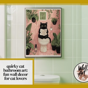 May include: A black cat sitting on a toilet in a bathroom with pink tiles and green plants. The cat is reading a newspaper. The image is framed and has the text "Wall Art by LEO." in the bottom right corner.