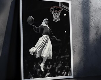 Funny Nun Playing Basketball Print Black White Sports Poster